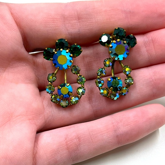 Jewelry - Vintage Uranium Glass Austrian Aurora Borealis Intricate Design Clip On Earrings